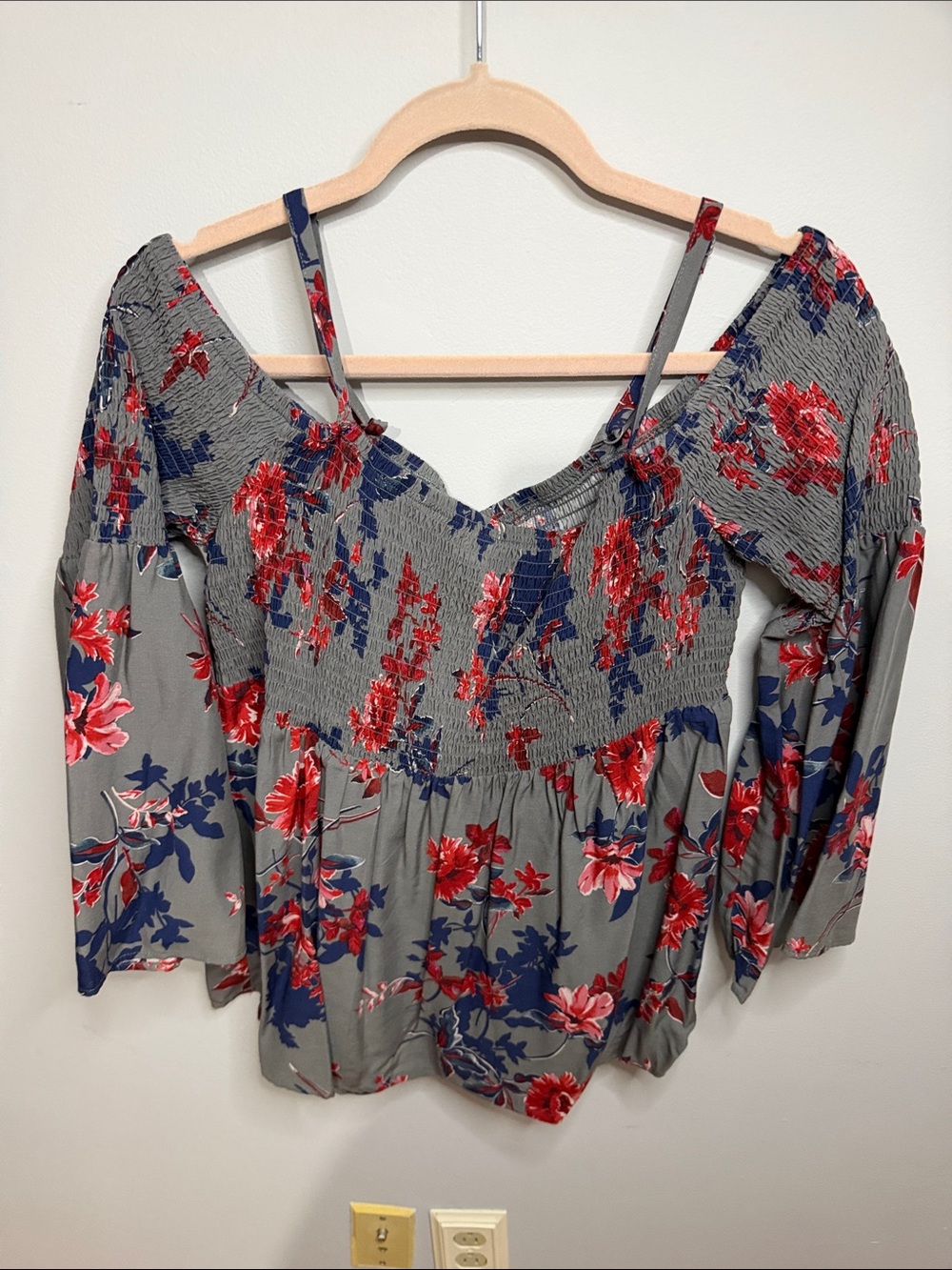 torrid Gray Smocked Off-Shoulder Top with Red & Navy Floral Print